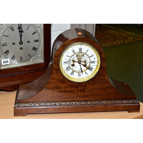 435 - AN EARLY 20TH CENTURY MAHOGANY CASED BRACKET CLOCK, arched top above a foliate engraved silvered dia... 