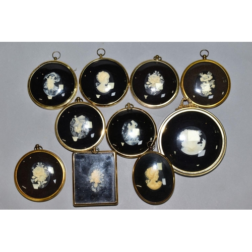 436 - TEN PETER BATES 'COMPANIONS IN CAMEO' MINATURES,  in gilt frames, largest size including frame 12cm ... 