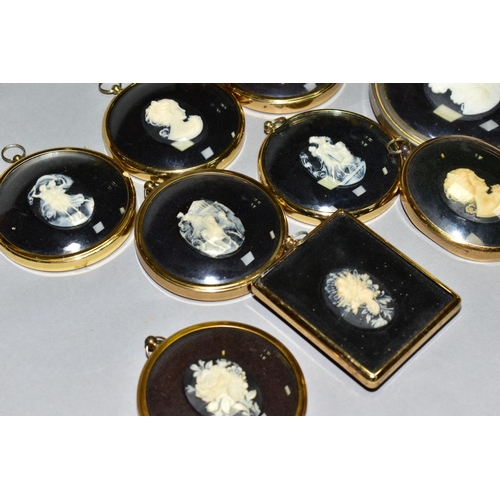 436 - TEN PETER BATES 'COMPANIONS IN CAMEO' MINATURES,  in gilt frames, largest size including frame 12cm ... 