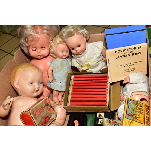 438 - A BOX OF VINTAGE TOYS AND DOLLS INCLUDING A BOXED GREEN SCHUCO TELESTEERING CAR 3000, three wheels o... 