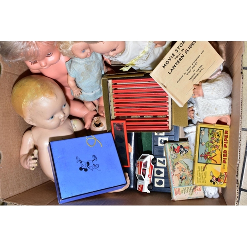 438 - A BOX OF VINTAGE TOYS AND DOLLS INCLUDING A BOXED GREEN SCHUCO TELESTEERING CAR 3000, three wheels o... 