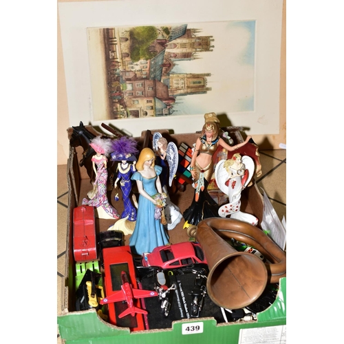 439 - A BOX OF DIE CAST VEHICLES, MODERN RESIN LADY FIGURES, horses and carts, a copper and brass bugle an... 