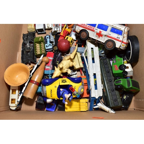 407 - A QUANTITY OF TOYS AND GAMES, including an Action man car, two boxes of Scalextrix track, a painted ... 