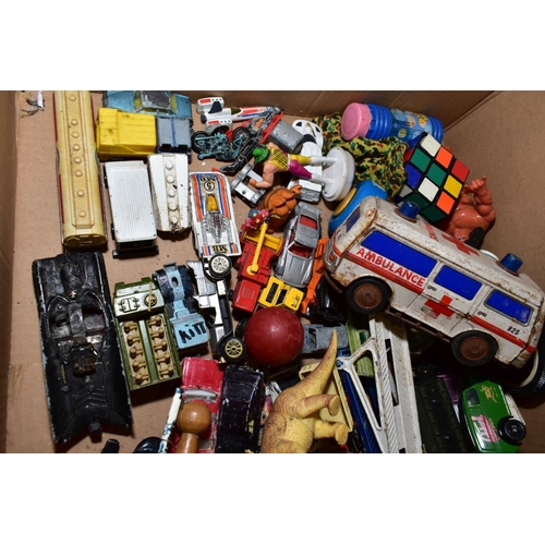 407 - A QUANTITY OF TOYS AND GAMES, including an Action man car, two boxes of Scalextrix track, a painted ... 