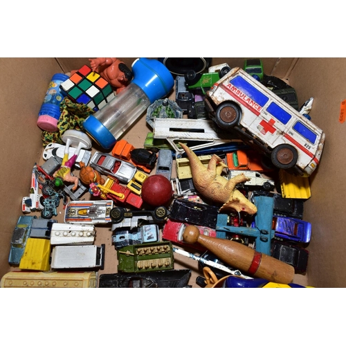 407 - A QUANTITY OF TOYS AND GAMES, including an Action man car, two boxes of Scalextrix track, a painted ... 