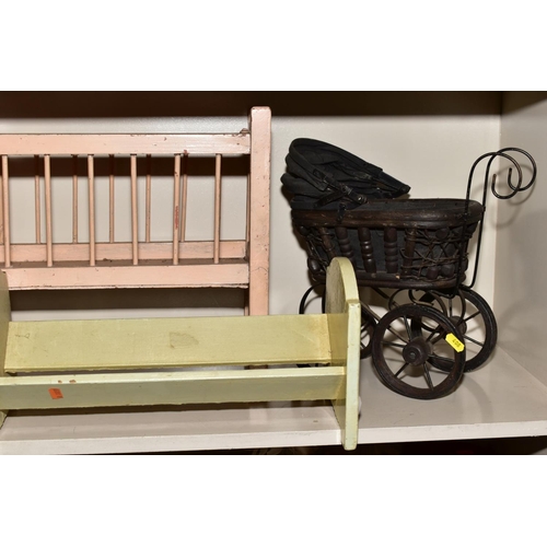 408 - A GROUP OF COLLECTOR'S DOLLS, TWO REPRODUCTION DOLL'S PRAMS ETC, including a painted wooden book tro... 