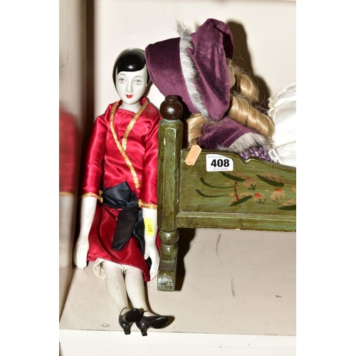 408 - A GROUP OF COLLECTOR'S DOLLS, TWO REPRODUCTION DOLL'S PRAMS ETC, including a painted wooden book tro... 