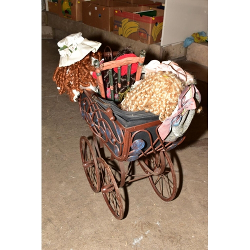 408 - A GROUP OF COLLECTOR'S DOLLS, TWO REPRODUCTION DOLL'S PRAMS ETC, including a painted wooden book tro... 