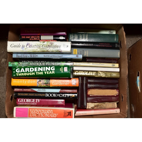 409 - SIX BOXES OF BOOKS, including gardening, cricket, animal and history interest, novels etc (6 boxes)