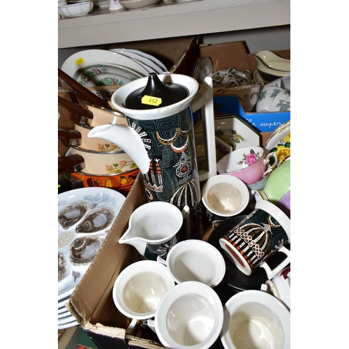 412 - FOUR BOXES AND LOOSE CERAMICS, ETC, including Portmeirion Magic City part coffee set (sd), a set of ... 