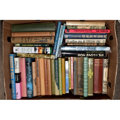 413 - SIX BOXES OF BOOKS, including novels in dust wrappers, dictionaries, sheet music, bird book, detecti... 