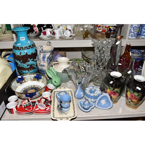 417 - A GROUP OF CERAMICS AND GLASSWARE, including Wedgwood pale blue Jasperware, a Royal Worcester Millen... 