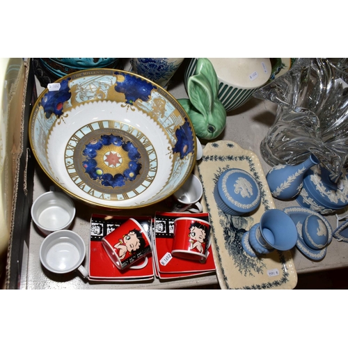 417 - A GROUP OF CERAMICS AND GLASSWARE, including Wedgwood pale blue Jasperware, a Royal Worcester Millen... 