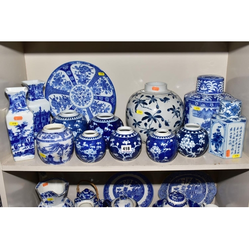 418 - A QUANTITY OF BLUE AND WHITE DECORATED POTTERY AND PORCELAIN, including six Prunus blossom ginger ja... 