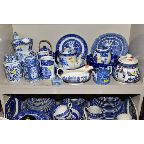 418 - A QUANTITY OF BLUE AND WHITE DECORATED POTTERY AND PORCELAIN, including six Prunus blossom ginger ja... 