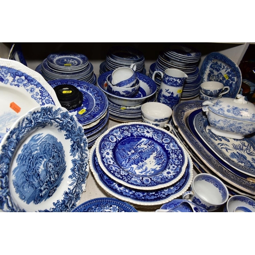 418 - A QUANTITY OF BLUE AND WHITE DECORATED POTTERY AND PORCELAIN, including six Prunus blossom ginger ja... 