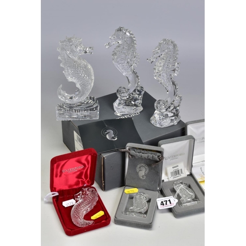 471 - A GROUP OF WATERFORD CRYSTAL SEAHORSES, comprising two boxed 'Seahorse Momento' height 6.5cm, an emp... 