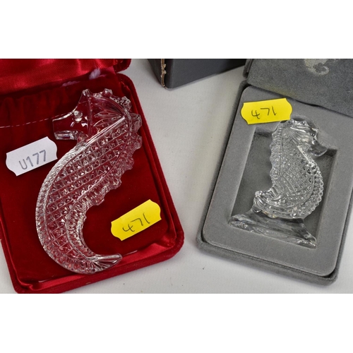 471 - A GROUP OF WATERFORD CRYSTAL SEAHORSES, comprising two boxed 'Seahorse Momento' height 6.5cm, an emp... 