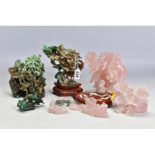 477 - A GROUP OF THREE 20TH CENTURY CHINESE SEMI PRECIOUS STONE CARVINGS, comprising a rose quartz vase an... 