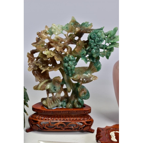 477 - A GROUP OF THREE 20TH CENTURY CHINESE SEMI PRECIOUS STONE CARVINGS, comprising a rose quartz vase an... 