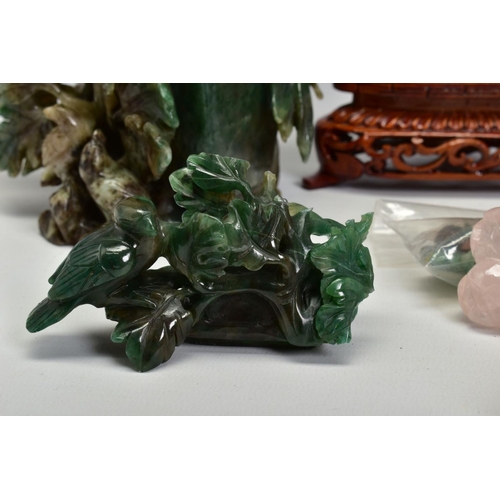 477 - A GROUP OF THREE 20TH CENTURY CHINESE SEMI PRECIOUS STONE CARVINGS, comprising a rose quartz vase an... 