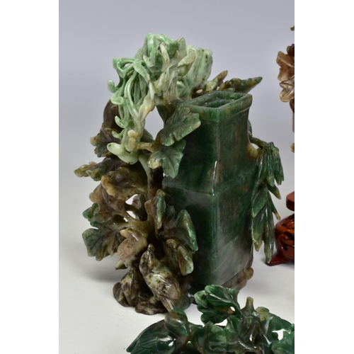 477 - A GROUP OF THREE 20TH CENTURY CHINESE SEMI PRECIOUS STONE CARVINGS, comprising a rose quartz vase an... 