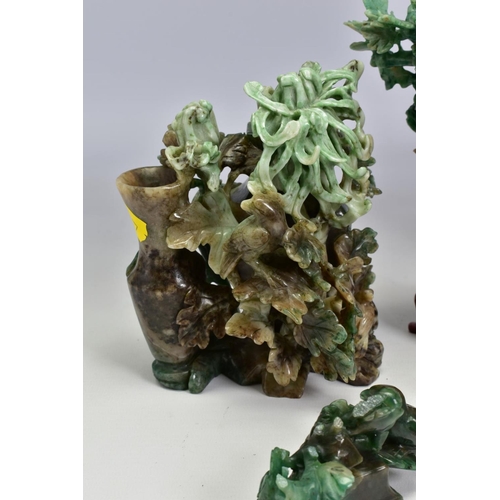 477 - A GROUP OF THREE 20TH CENTURY CHINESE SEMI PRECIOUS STONE CARVINGS, comprising a rose quartz vase an... 