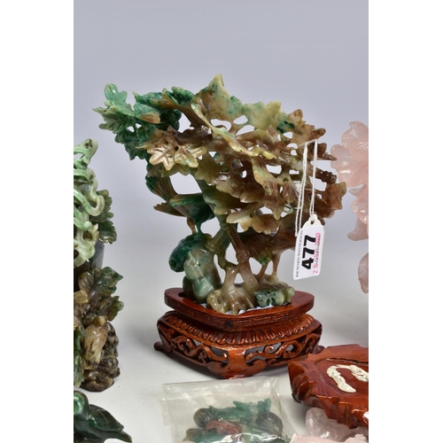 477 - A GROUP OF THREE 20TH CENTURY CHINESE SEMI PRECIOUS STONE CARVINGS, comprising a rose quartz vase an... 