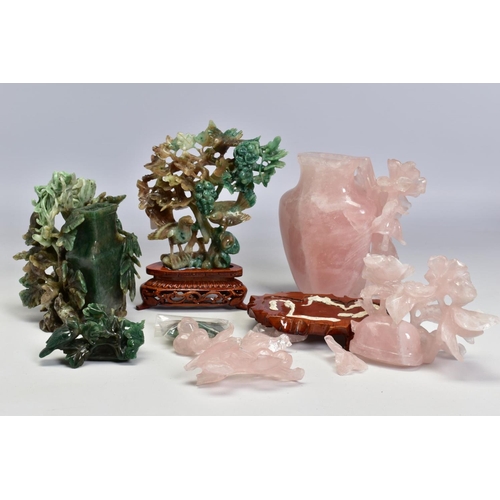 477 - A GROUP OF THREE 20TH CENTURY CHINESE SEMI PRECIOUS STONE CARVINGS, comprising a rose quartz vase an... 