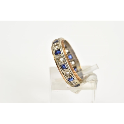 48 - A 9CT WHITE GOLD SAPPHIRE ETERNITY RING, the central white gold panel set with square cut sapphires ... 