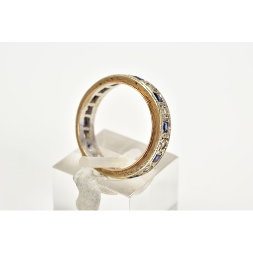 48 - A 9CT WHITE GOLD SAPPHIRE ETERNITY RING, the central white gold panel set with square cut sapphires ... 