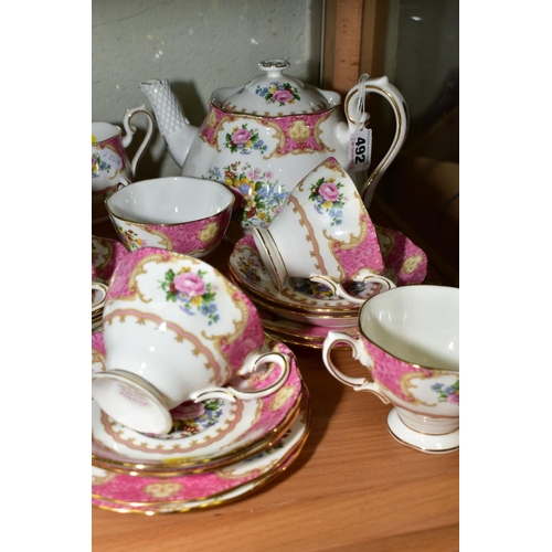 492 - ROYAL ALBERT 'LADY CARLYLE' TEAWARES, comprising teapot, milk jug, sugar bowl, five teacups, six sau... 