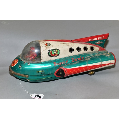 496 - AN UNBOXED MODERN TOYS BATTERY OPERATED TINPLATE SUPER SONIC MOON SHIP, green, red and white lithogr... 