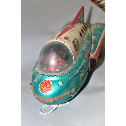 496 - AN UNBOXED MODERN TOYS BATTERY OPERATED TINPLATE SUPER SONIC MOON SHIP, green, red and white lithogr... 