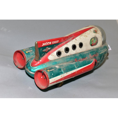 496 - AN UNBOXED MODERN TOYS BATTERY OPERATED TINPLATE SUPER SONIC MOON SHIP, green, red and white lithogr... 