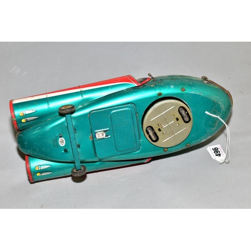 496 - AN UNBOXED MODERN TOYS BATTERY OPERATED TINPLATE SUPER SONIC MOON SHIP, green, red and white lithogr... 