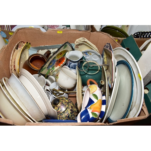 363 - FIVE BOXES AND LOOSE CERAMICS , including assorted tea plates, bowls, meat plates, jugs, egg cups, c... 