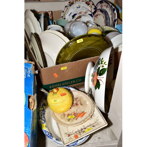 363 - FIVE BOXES AND LOOSE CERAMICS , including assorted tea plates, bowls, meat plates, jugs, egg cups, c... 