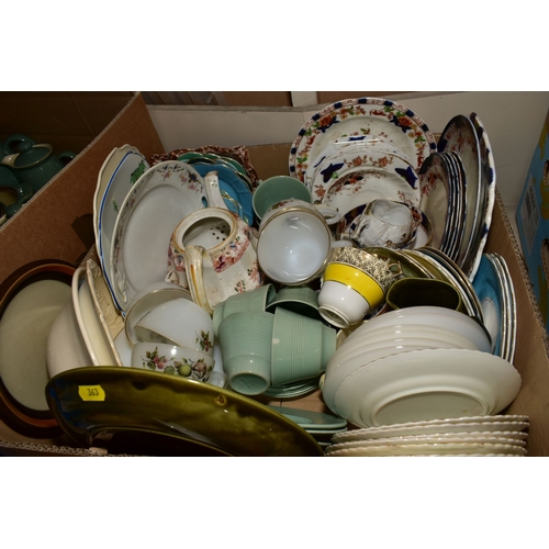 363 - FIVE BOXES AND LOOSE CERAMICS , including assorted tea plates, bowls, meat plates, jugs, egg cups, c... 