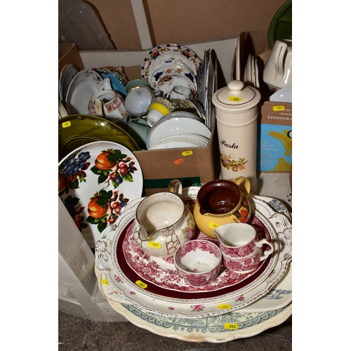 363 - FIVE BOXES AND LOOSE CERAMICS , including assorted tea plates, bowls, meat plates, jugs, egg cups, c... 