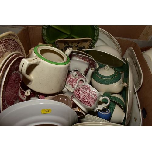 363 - FIVE BOXES AND LOOSE CERAMICS , including assorted tea plates, bowls, meat plates, jugs, egg cups, c... 