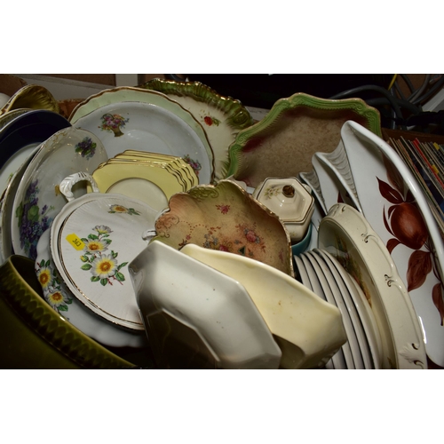 363 - FIVE BOXES AND LOOSE CERAMICS , including assorted tea plates, bowls, meat plates, jugs, egg cups, c... 