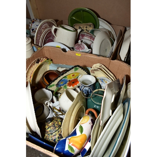 363 - FIVE BOXES AND LOOSE CERAMICS , including assorted tea plates, bowls, meat plates, jugs, egg cups, c... 