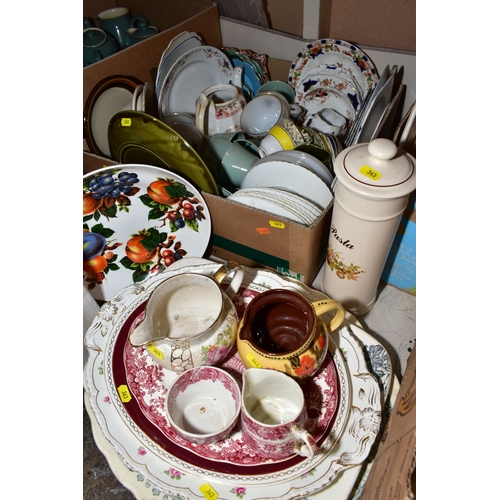 363 - FIVE BOXES AND LOOSE CERAMICS , including assorted tea plates, bowls, meat plates, jugs, egg cups, c... 