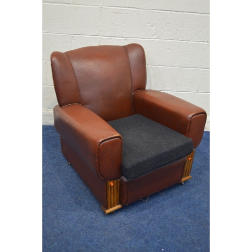 1326 - AN ART DECO RED LEATHERETTE CLUB CHAIR, with reeded oak fronted armrests, with a later charcoal upho... 