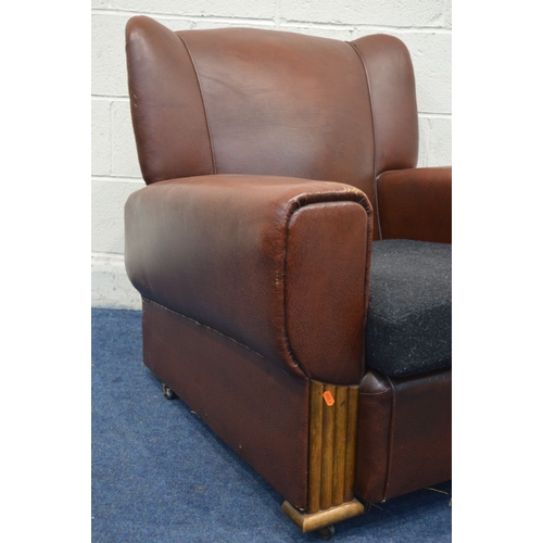 1326 - AN ART DECO RED LEATHERETTE CLUB CHAIR, with reeded oak fronted armrests, with a later charcoal upho... 