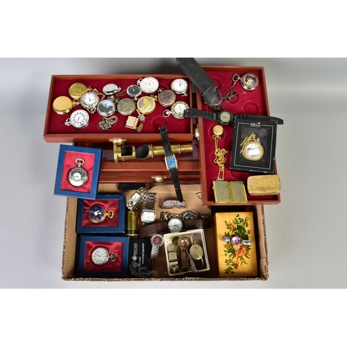 89 - A WOODEN DISPLAY CASE WITH POCKET WATCHES AND OTHER ITEMS, to include a wooden display box with thre... 