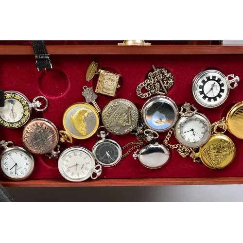 89 - A WOODEN DISPLAY CASE WITH POCKET WATCHES AND OTHER ITEMS, to include a wooden display box with thre... 