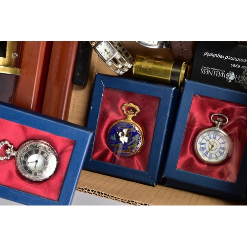 89 - A WOODEN DISPLAY CASE WITH POCKET WATCHES AND OTHER ITEMS, to include a wooden display box with thre... 