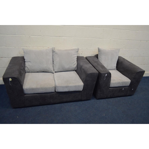1305 - A CHARCOAL FAUX SUEDE AND LIGHT GREY TWO PIECE LOUNGE SUITE, comprising a two seater settee and armc... 